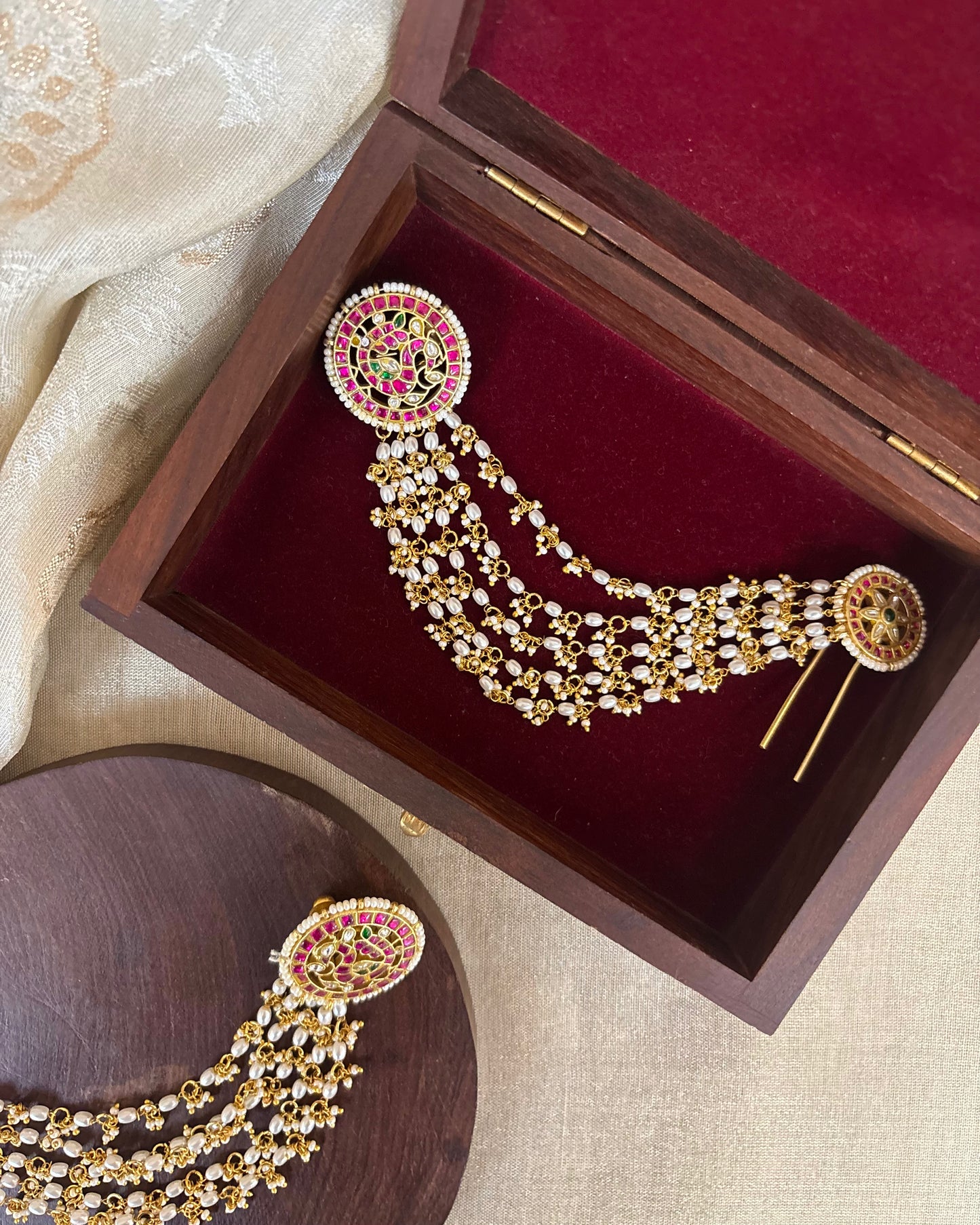 Multicolor Floral Jadau Kundan Earrings with Pearl Ear Chain | ER315