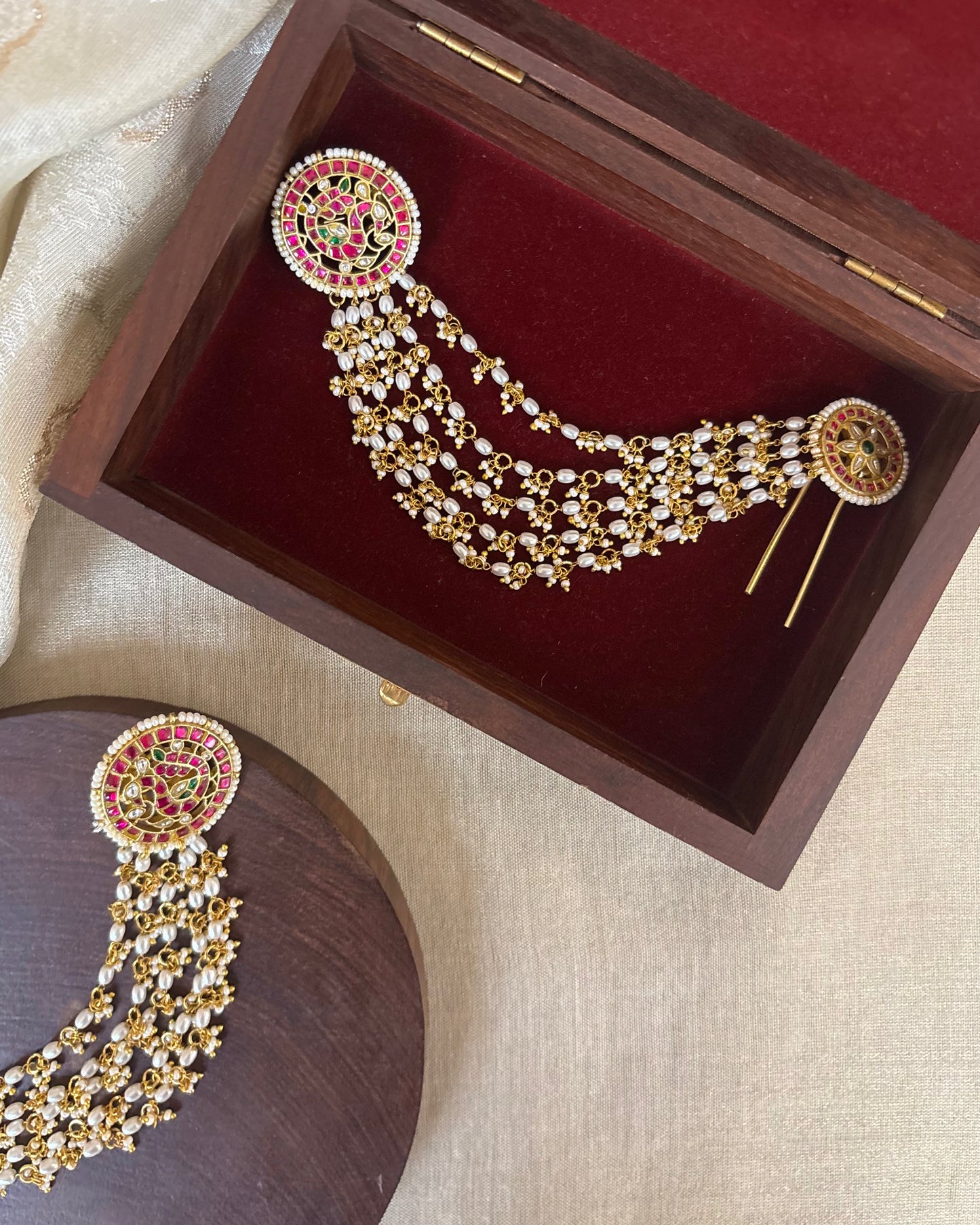 Multicolor Floral Jadau Kundan Earrings with Pearl Ear Chain | ER315