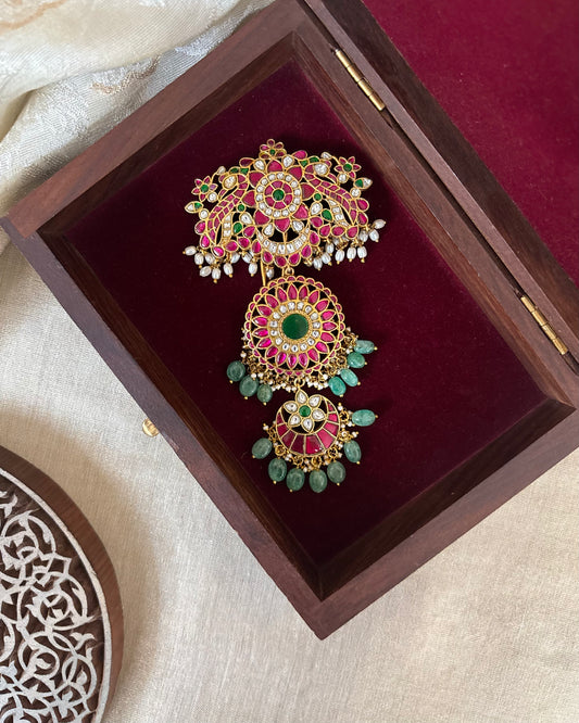 Gold Plated Multicolor Pachi Kundan Hair Accessory | HA285