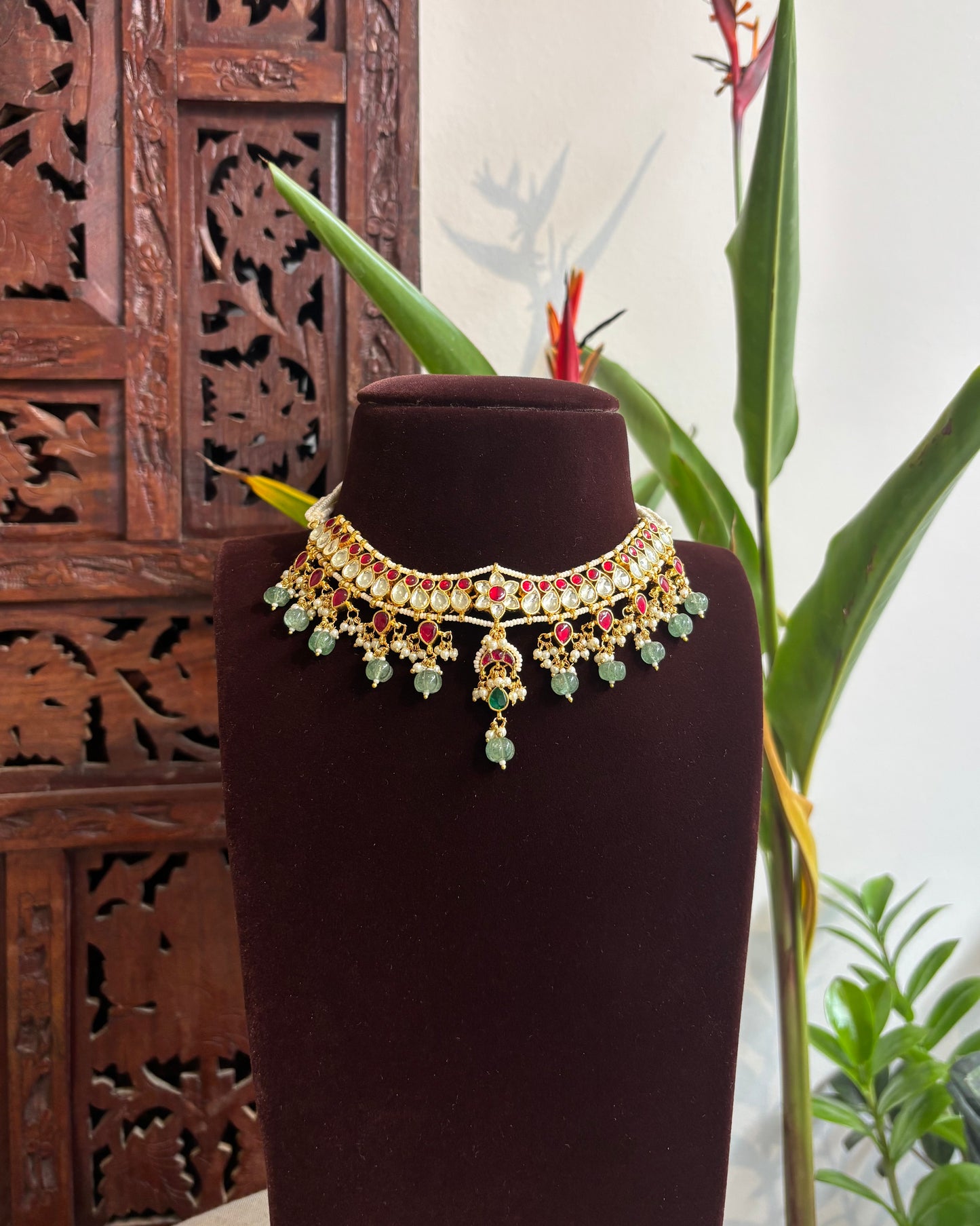 Kundan Pearl Mango Motif Choker Set – Ruby & White Gold-Plated Necklace with Earrings | NC198