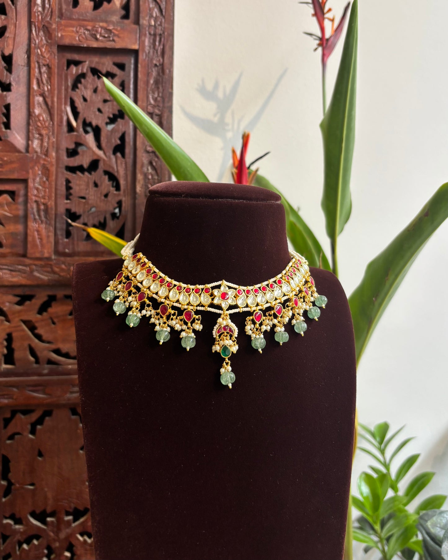 Kundan Pearl Mango Motif Choker Set – Ruby & White Gold-Plated Necklace with Earrings | NC198