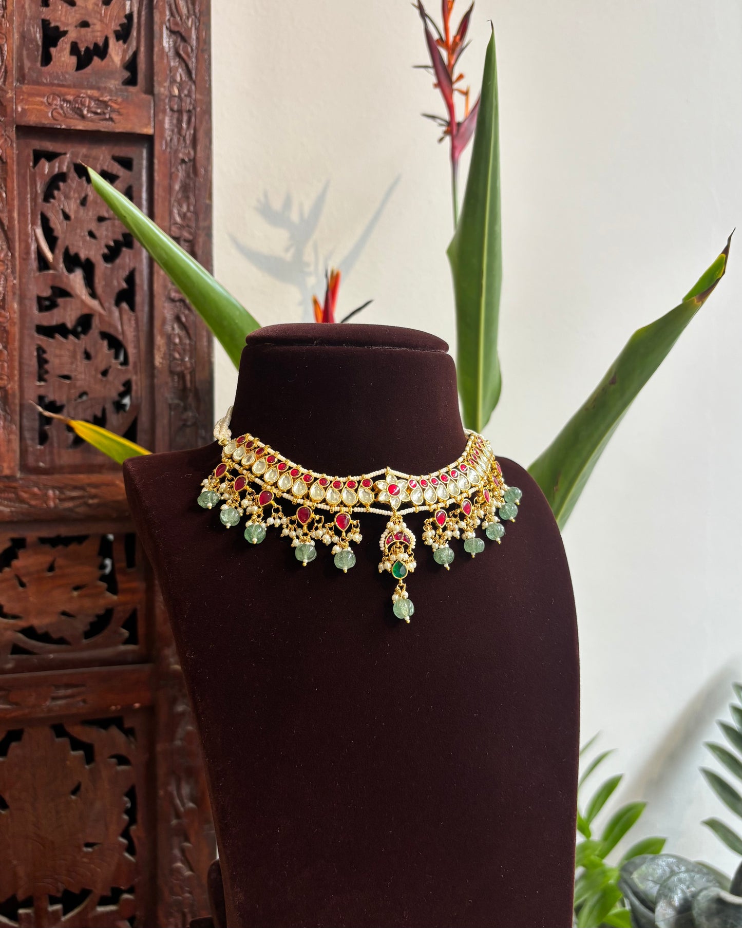 Kundan Pearl Mango Motif Choker Set – Ruby & White Gold-Plated Necklace with Earrings | NC198