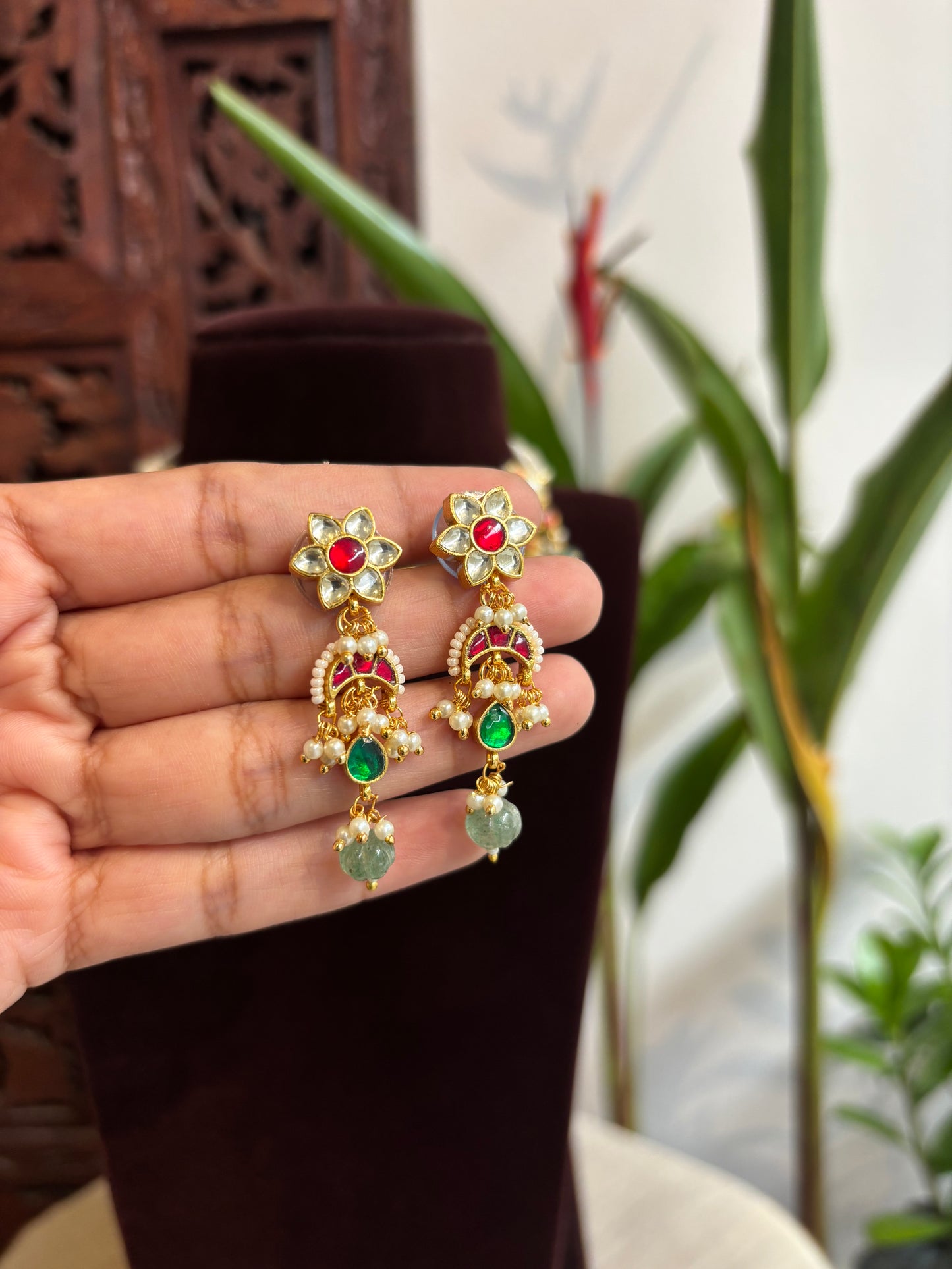 Kundan Pearl Mango Motif Choker Set – Ruby & White Gold-Plated Necklace with Earrings | NC198