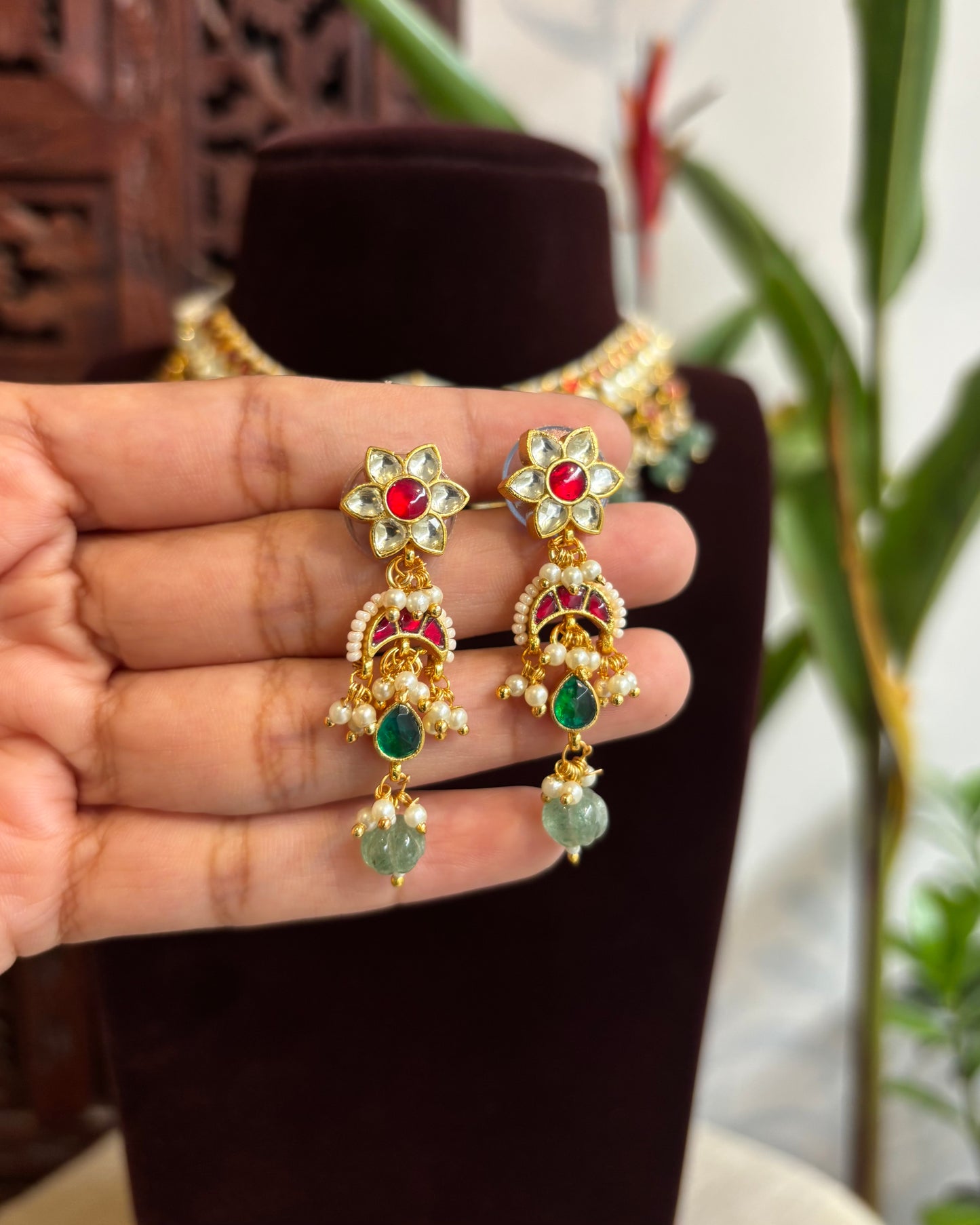 Kundan Pearl Mango Motif Choker Set – Ruby & White Gold-Plated Necklace with Earrings | NC198