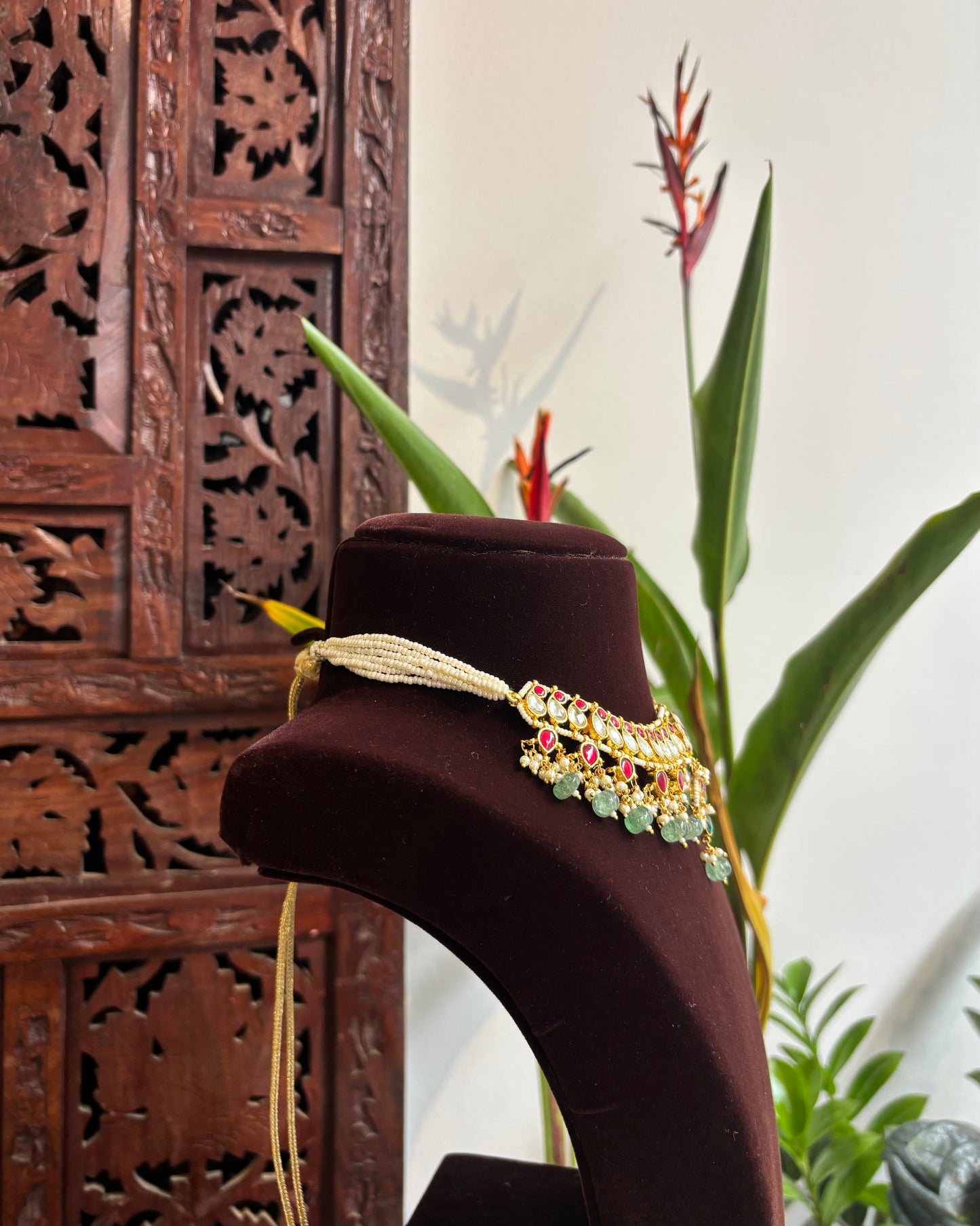 Kundan Pearl Mango Motif Choker Set – Ruby & White Gold-Plated Necklace with Earrings | NC198