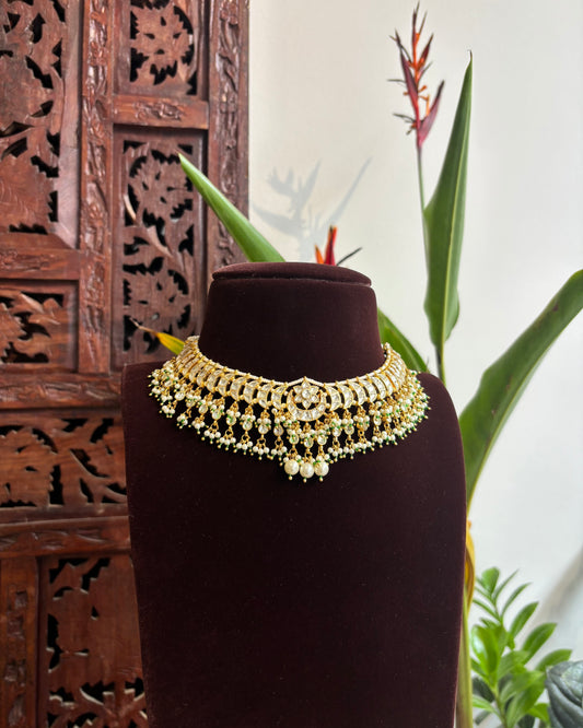 Gold Plated White Kundan Chand Motif Choker Set with Green Bead Detailing – Handcrafted Elegant Jewellery| NC197