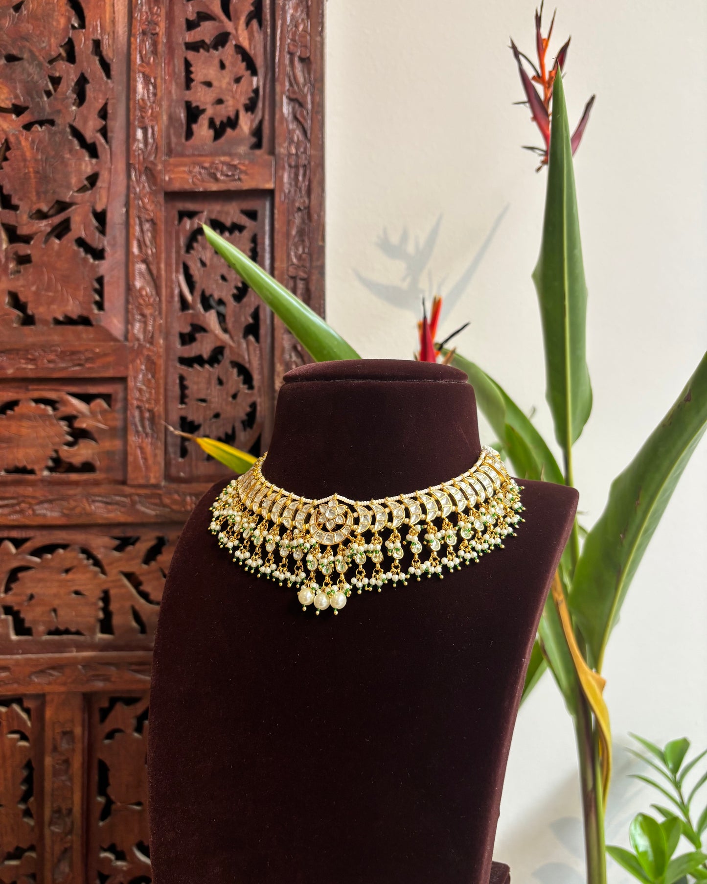 Gold Plated White Kundan Chand Motif Choker Set with Green Bead Detailing – Handcrafted Elegant Jewellery| NC197