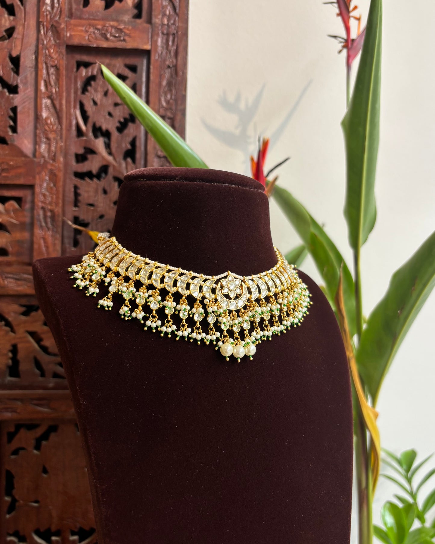 Gold Plated White Kundan Chand Motif Choker Set with Green Bead Detailing – Handcrafted Elegant Jewellery| NC197