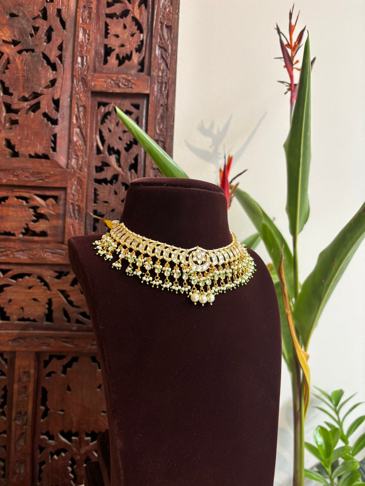 Gold Plated White Kundan Chand Motif Choker Set with Green Bead Detailing – Handcrafted Elegant Jewellery| NC197