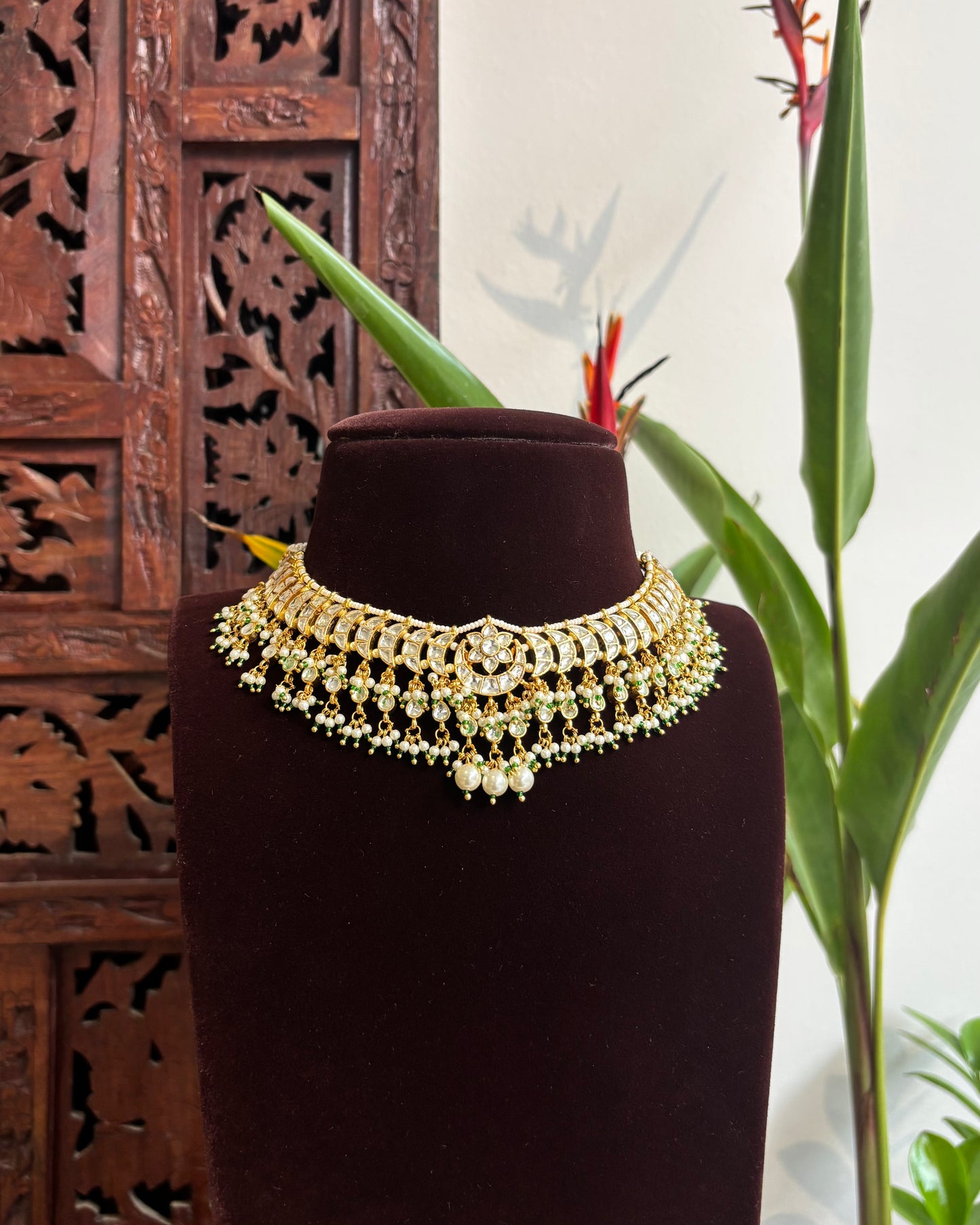 Gold Plated White Kundan Chand Motif Choker Set with Green Bead Detailing – Handcrafted Elegant Jewellery| NC197