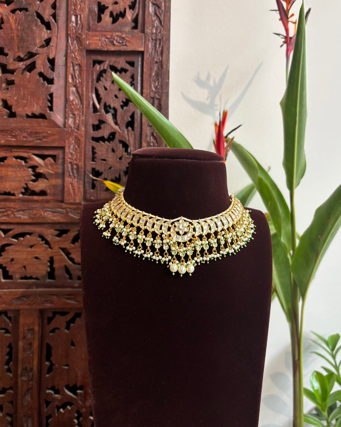 Gold Plated White Kundan Chand Motif Choker Set with Green Bead Detailing – Handcrafted Elegant Jewellery| NC197