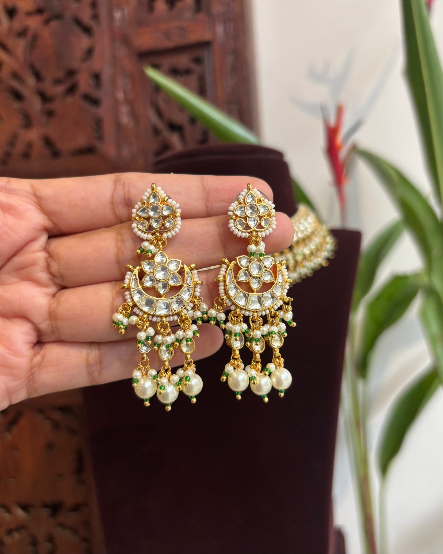 Gold Plated White Kundan Chand Motif Choker Set with Green Bead Detailing – Handcrafted Elegant Jewellery| NC197