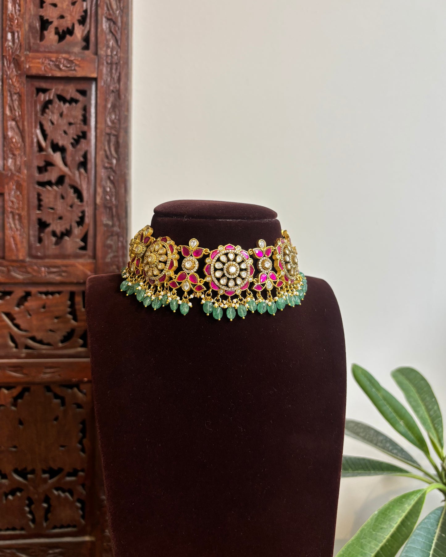 Floral Multicolor Mossanite Choker with Earrings | NC420