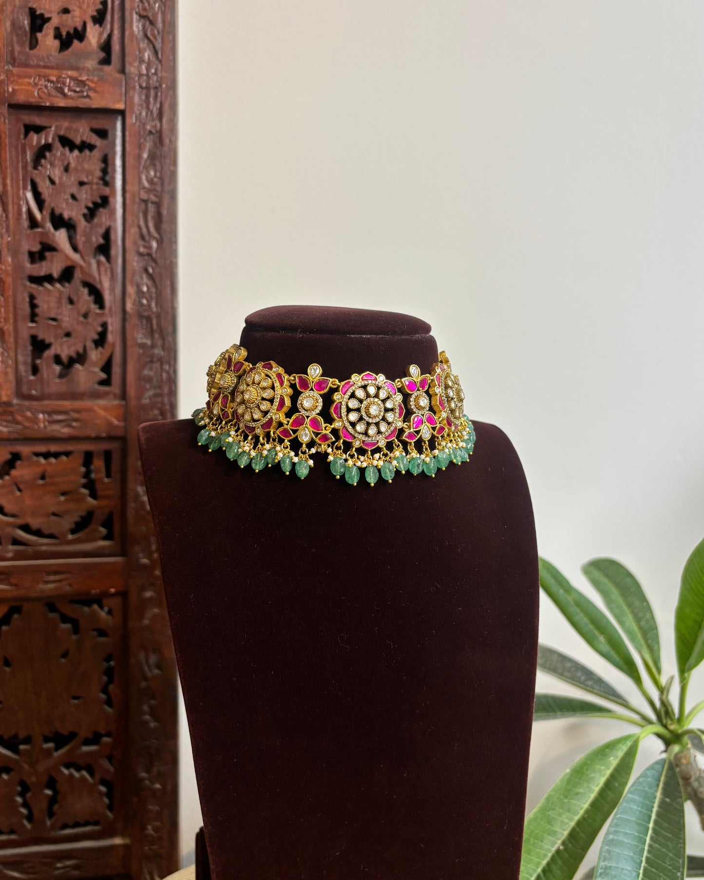 Floral Multicolor Mossanite Choker with Earrings | NC420