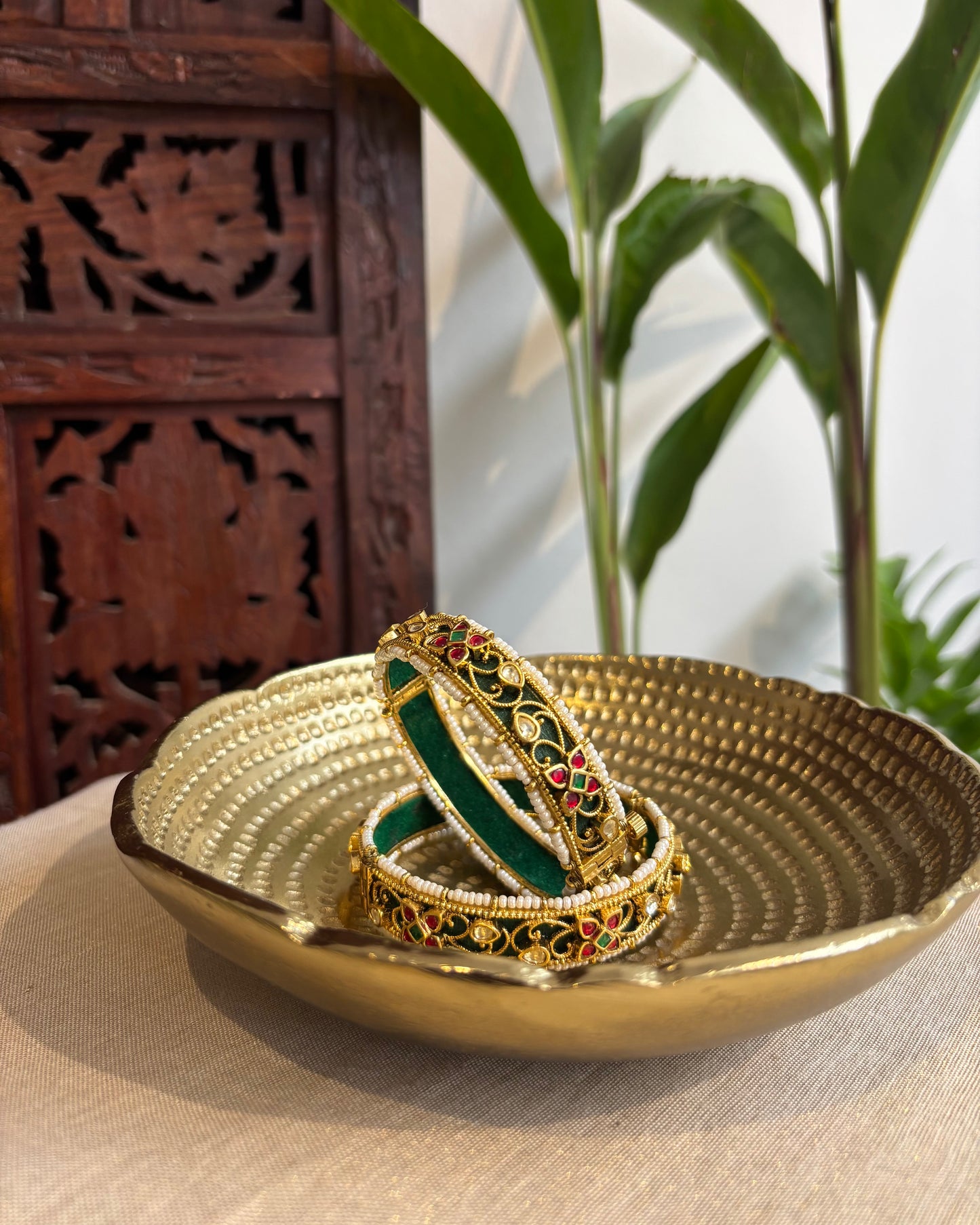 Handcrafted Green Jadau Kundan Bangles | Gold Plated BA017