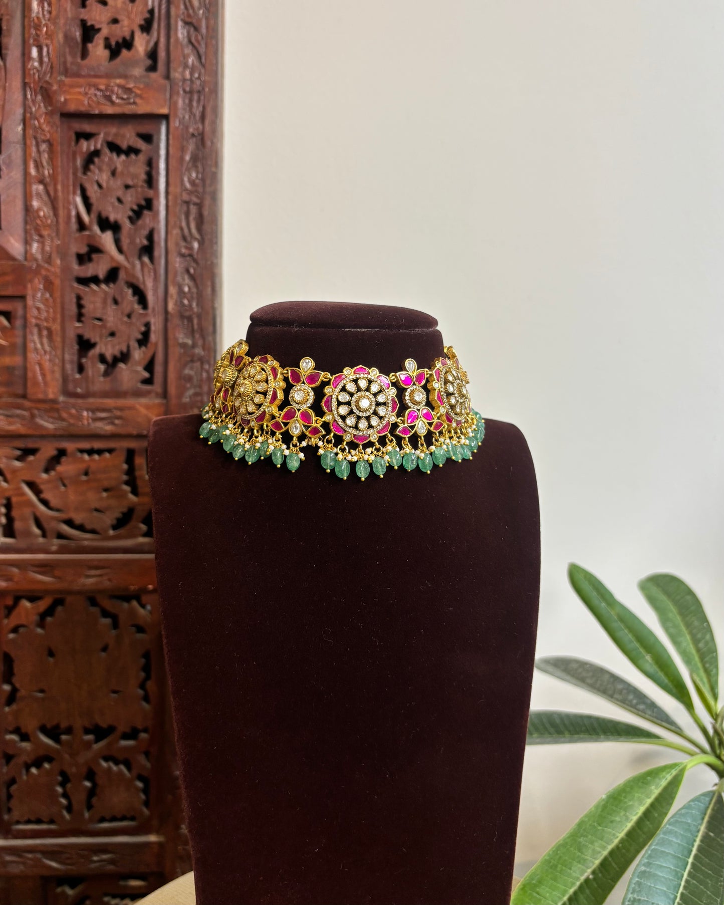 Floral Multicolor Mossanite Choker with Earrings | NC420