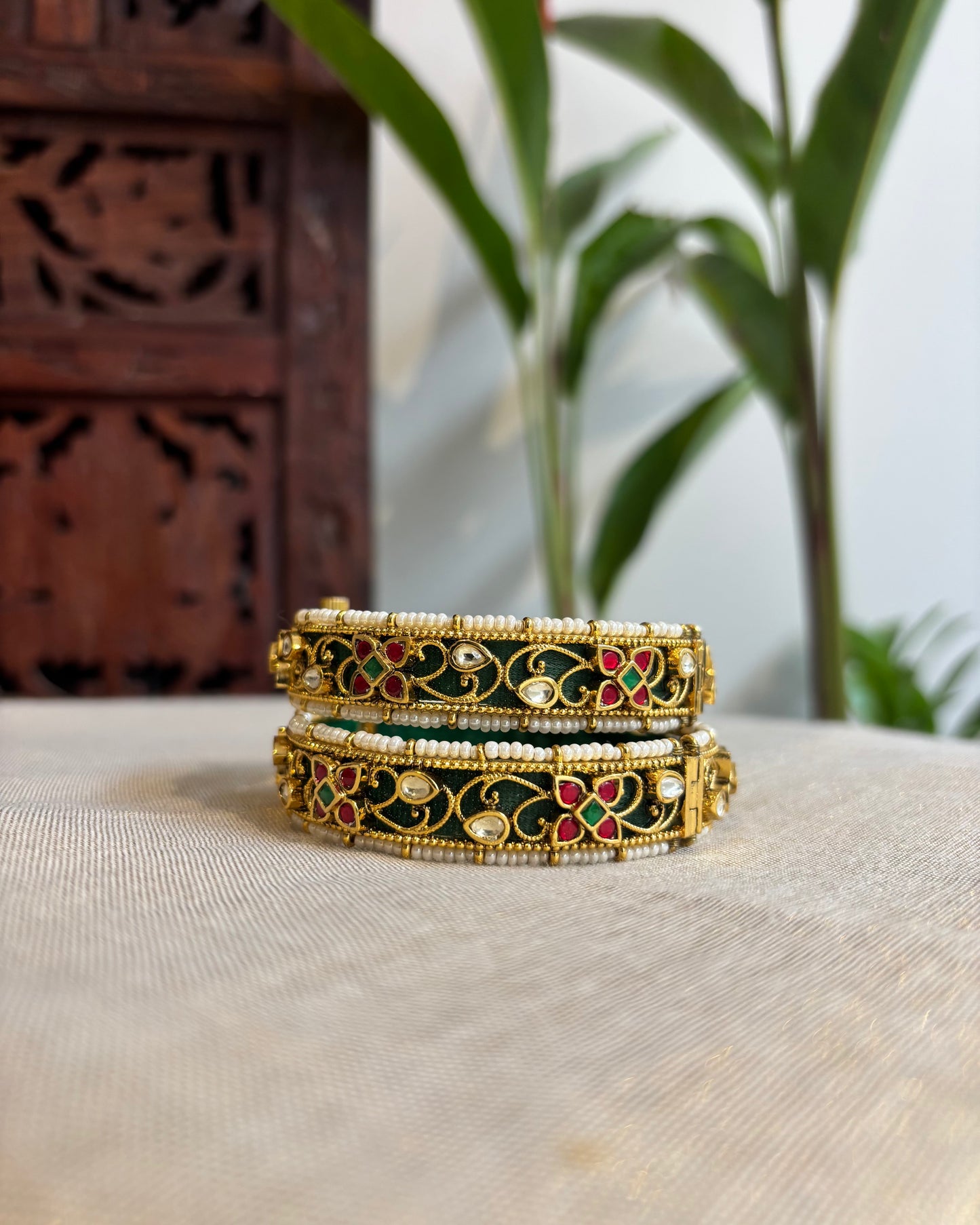 Handcrafted Green Jadau Kundan Bangles | Gold Plated BA017