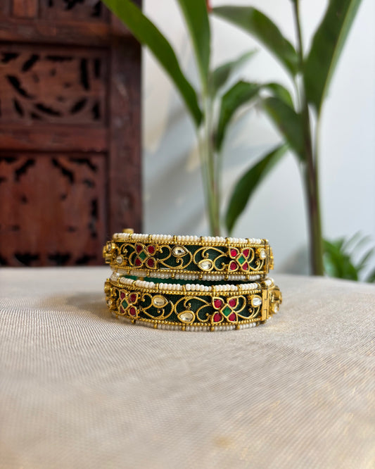 Handcrafted Green Jadau Kundan Bangles | Gold Plated BA017