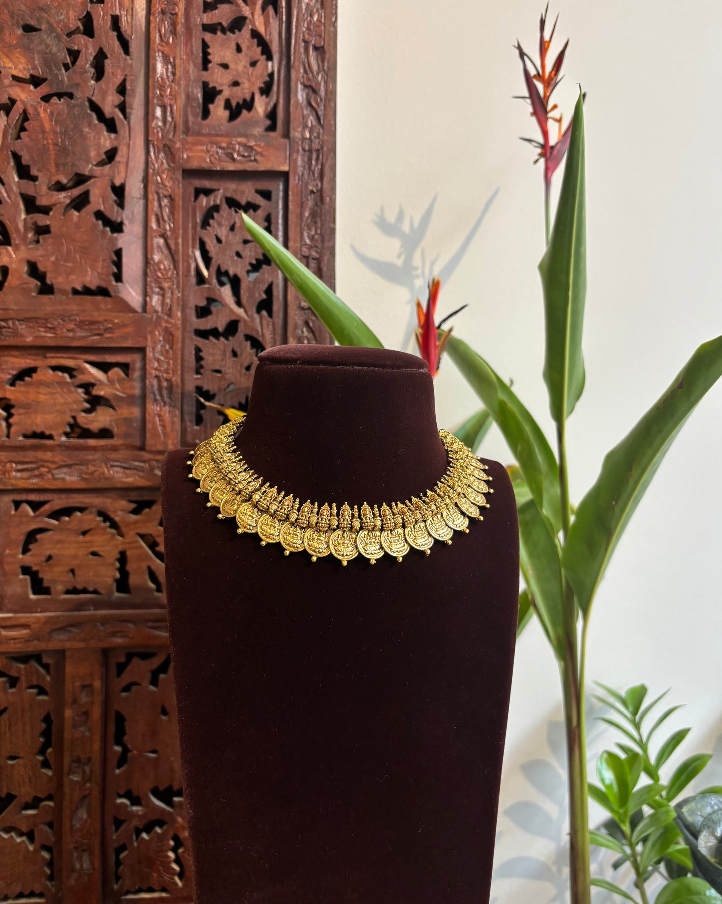 Lakshmi Kaasu Antique Gold-Finish Temple Necklace Set with Earrings | NC200