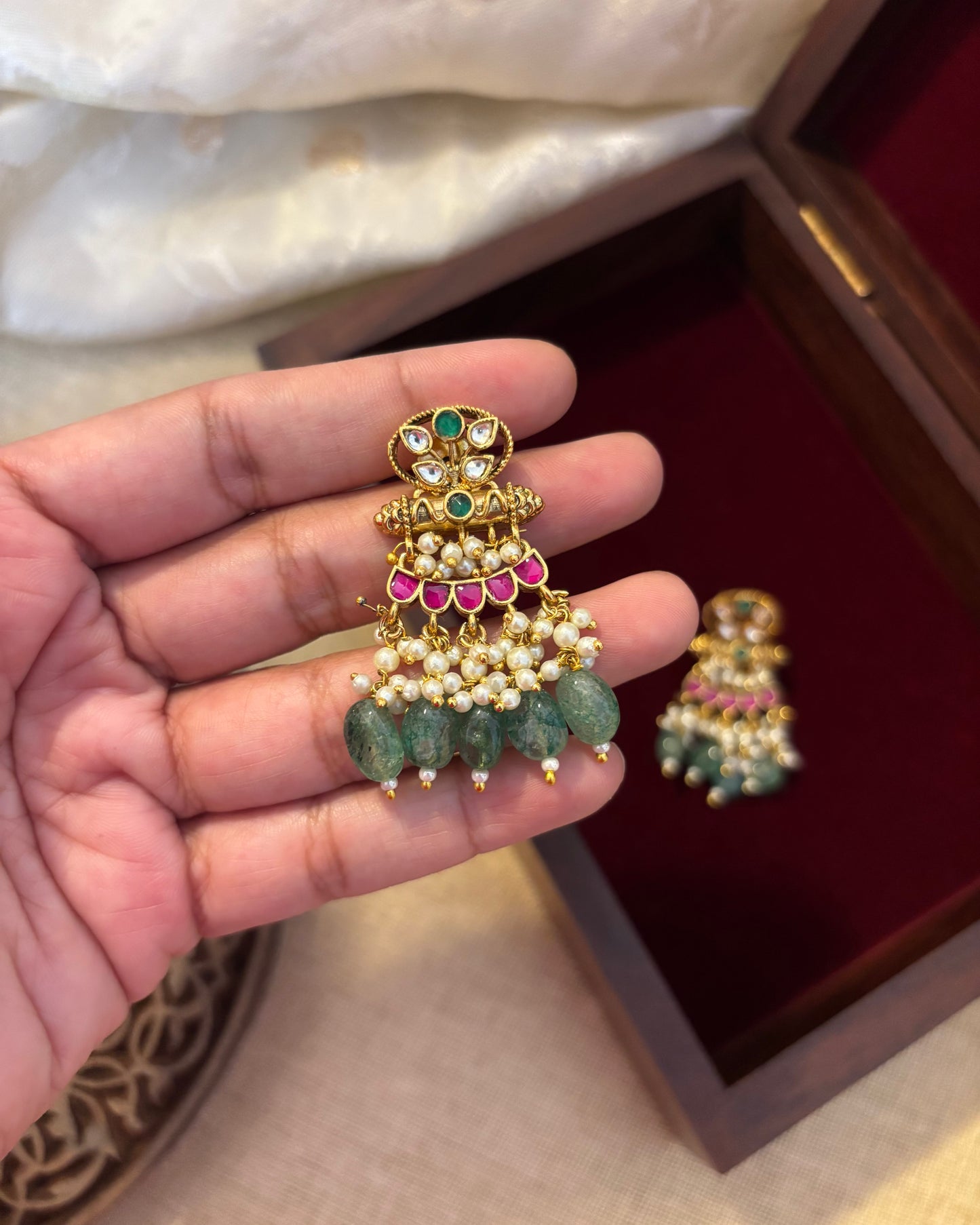 Multicolor Floral Jadau Kundan Earrings with Pearl Hangings | ER089