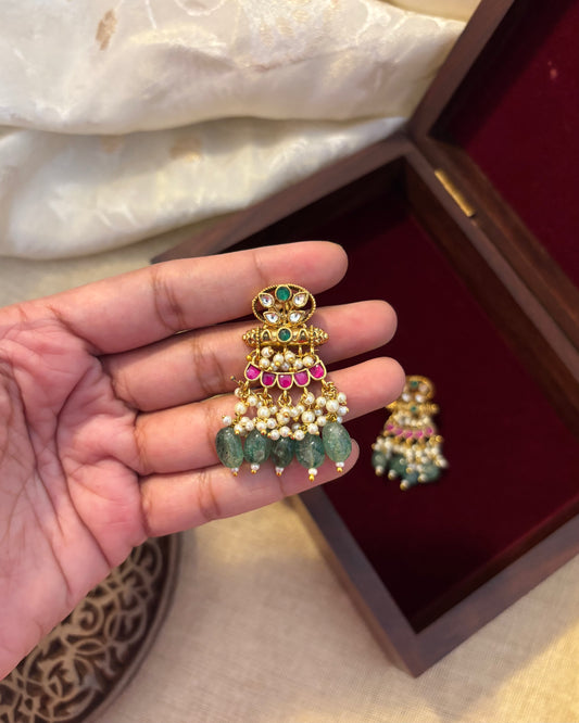 Multicolor Floral Jadau Kundan Earrings with Pearl Hangings | ER089