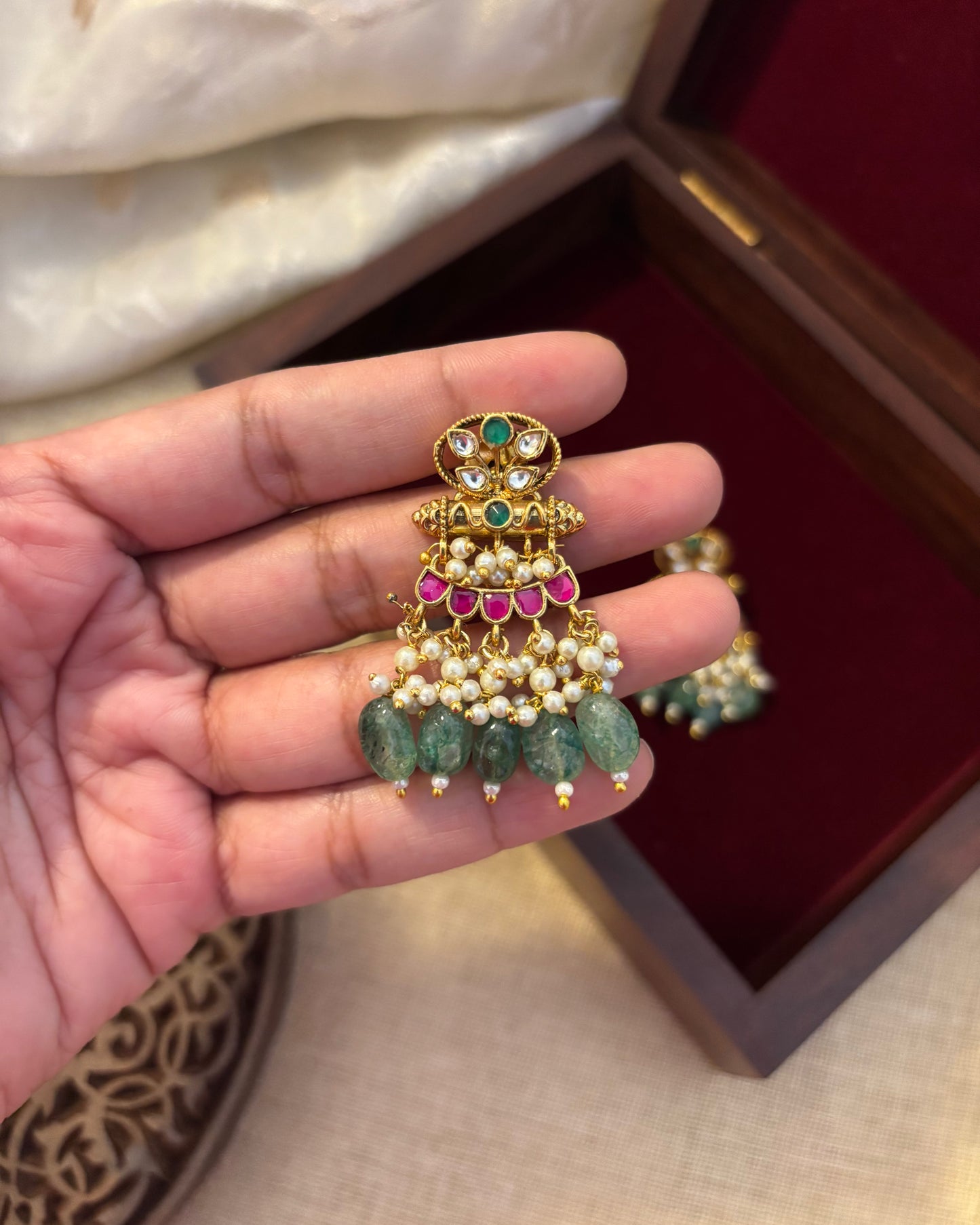 Multicolor Floral Jadau Kundan Earrings with Pearl Hangings | ER089