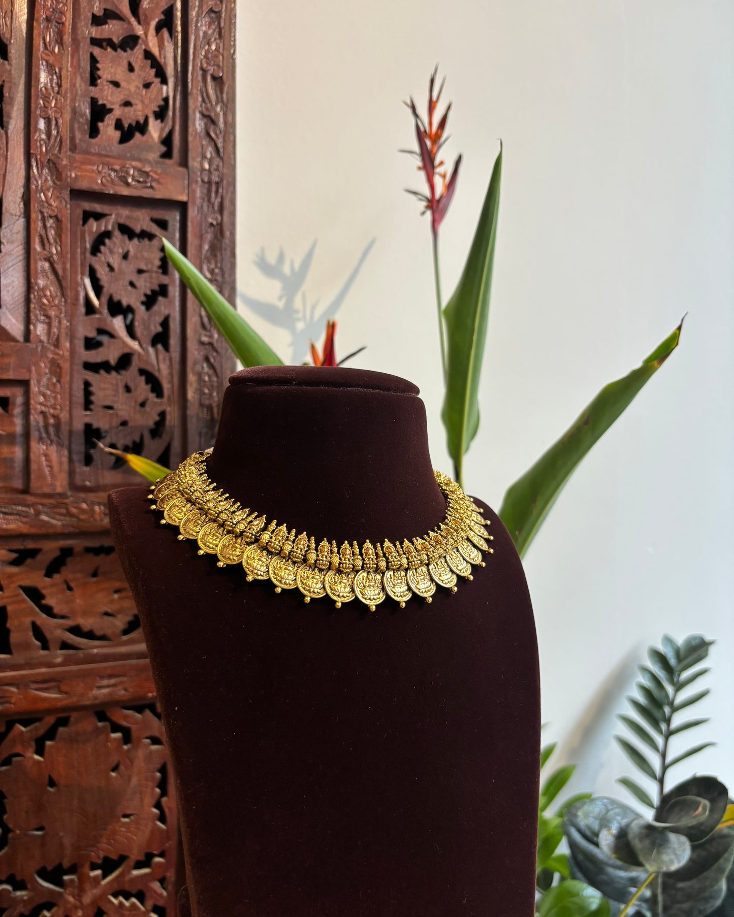 Lakshmi Kaasu Antique Gold-Finish Temple Necklace Set with Earrings | NC200