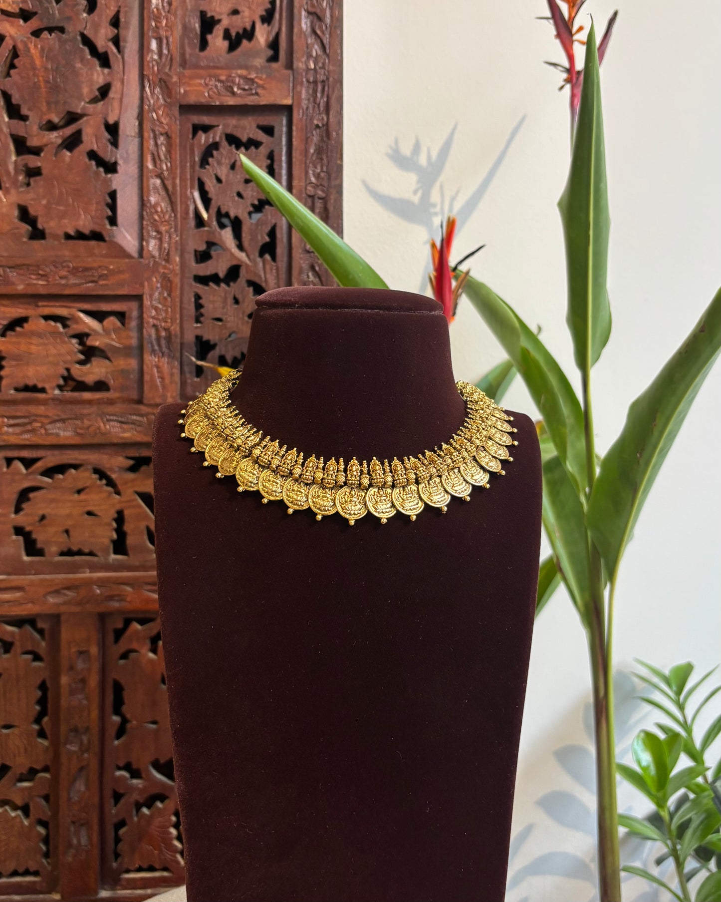 Lakshmi Kaasu Antique Gold-Finish Temple Necklace Set with Earrings | NC200