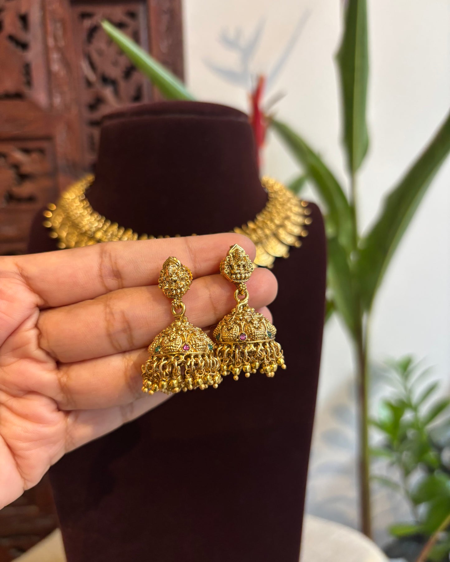 Lakshmi Kaasu Antique Gold-Finish Temple Necklace Set with Earrings | NC200