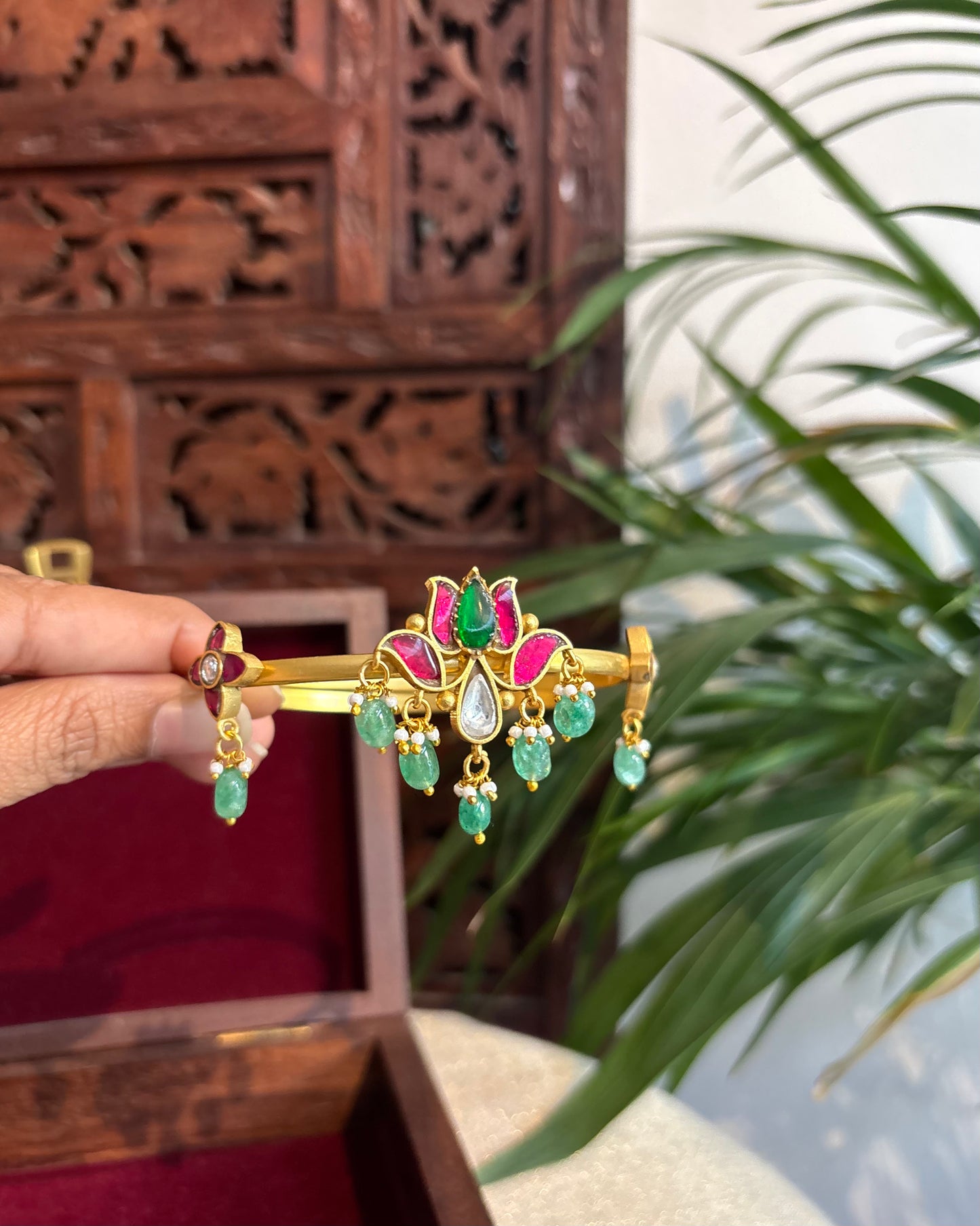 Lotus Jadau Kundan Armlets – Adjustable Fit | AR003