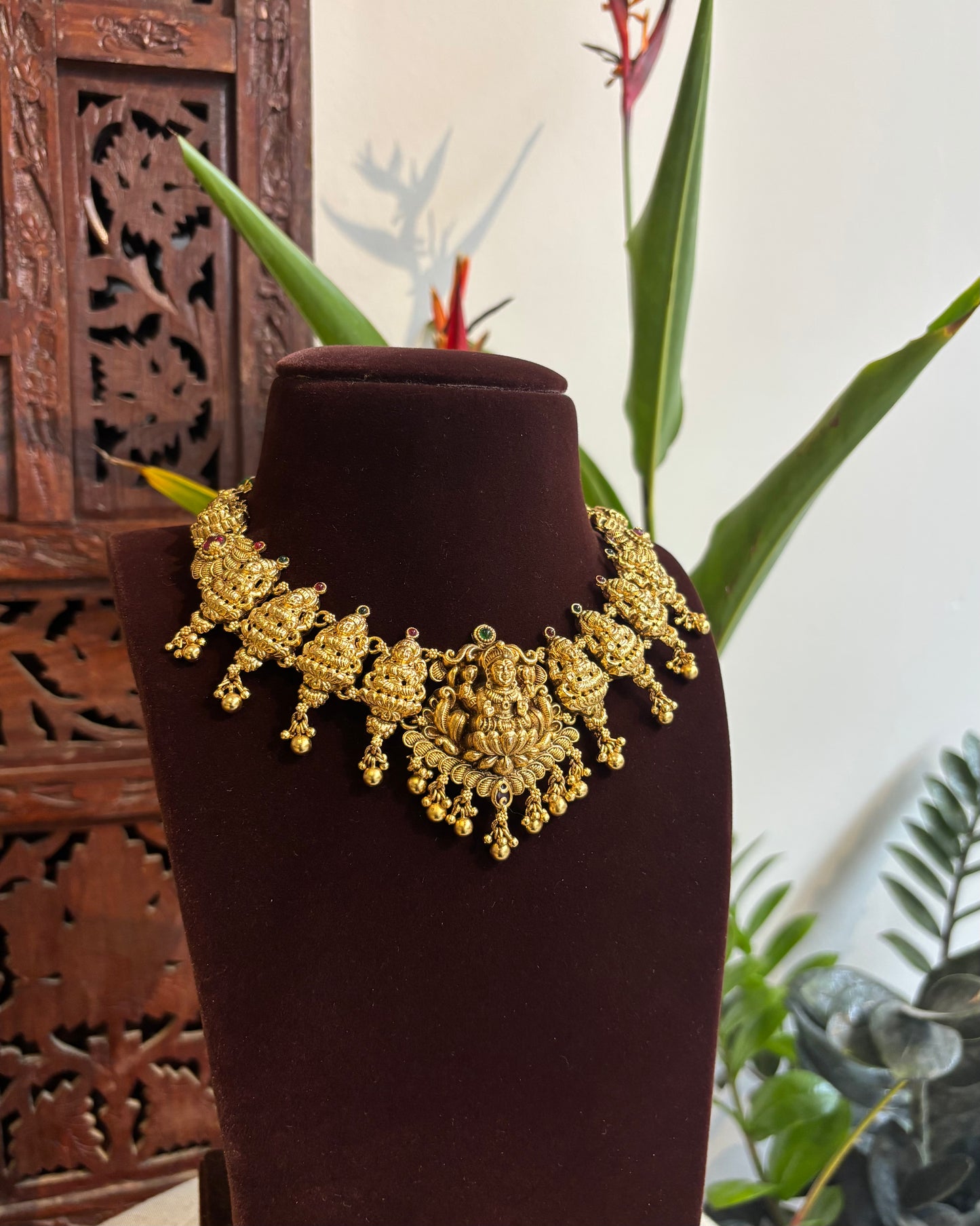 Lakshmi Gold-Finish Temple Necklace Set with Earrings | NC201