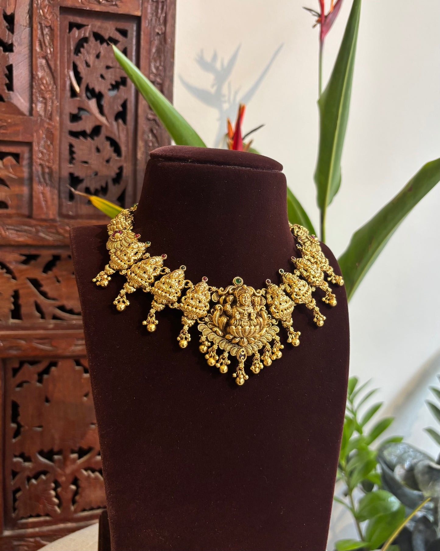 Lakshmi Gold-Finish Temple Necklace Set with Earrings | NC201