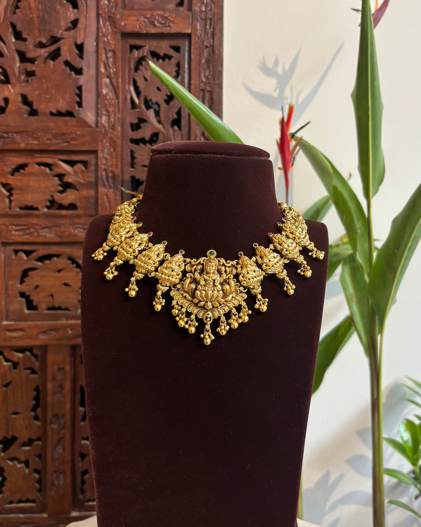 Lakshmi Gold-Finish Temple Necklace Set with Earrings | NC201