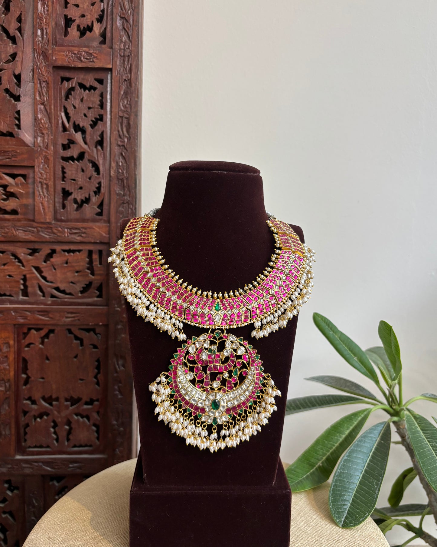Jadau Kundan Statement Necklace with Peacock Pendant | NC449
