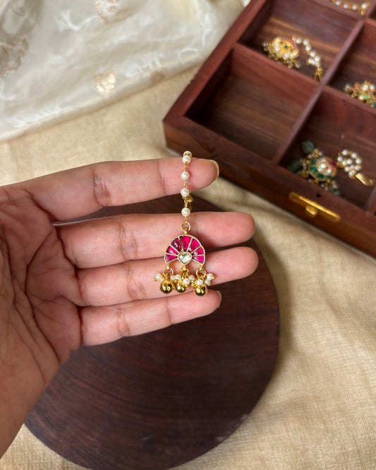 Minimal Jadau Maang Tikka | Pink and White | Lightweight Gold Plated | MT057