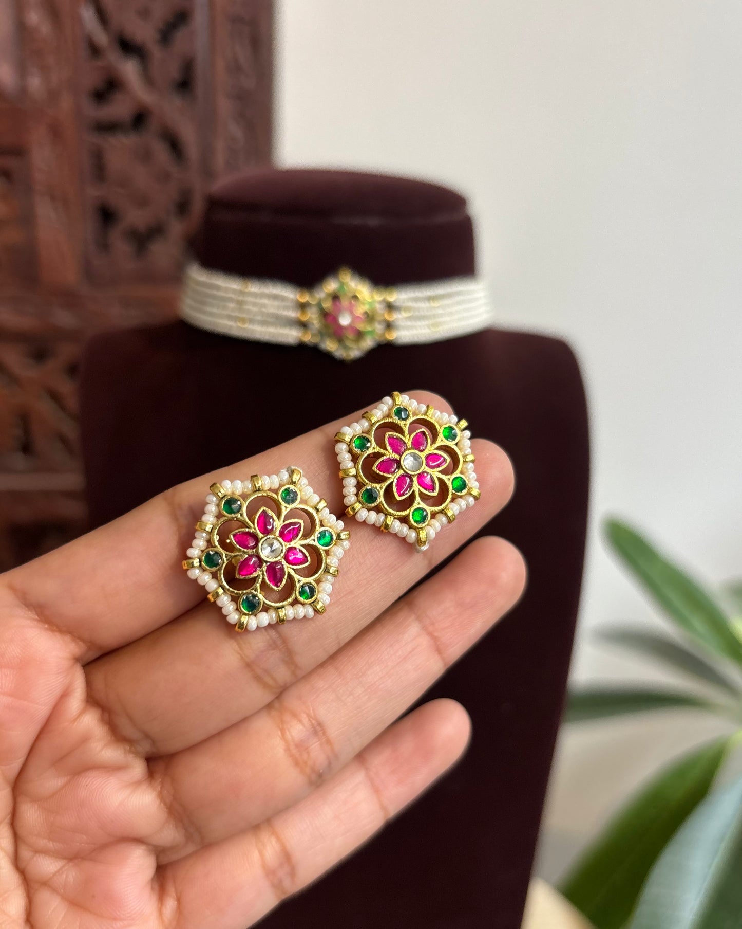 Multi-Color Floral Kundan Choker with Earrings| Handmade Gold Plated | NC424