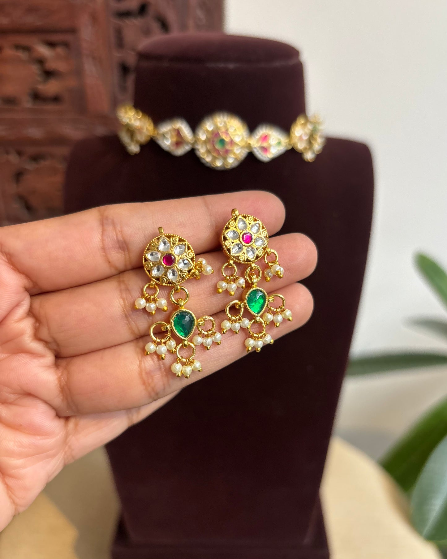 Multi-Color Floral Kundan Choker with Earrings| Handmade Gold Plated | NC468