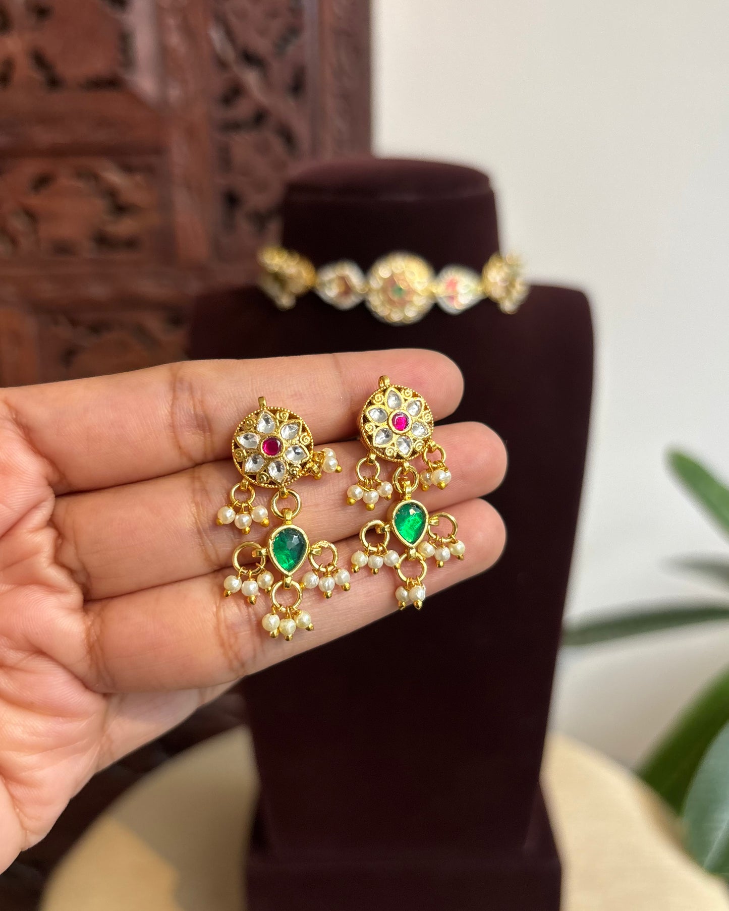 Multi-Color Floral Kundan Choker with Earrings| Handmade Gold Plated | NC468