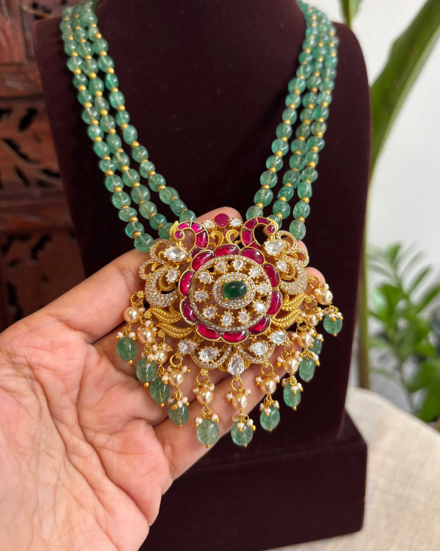 Jadau Kundan Beads Haram – Green Strawberry Beads Necklace Set | NC202