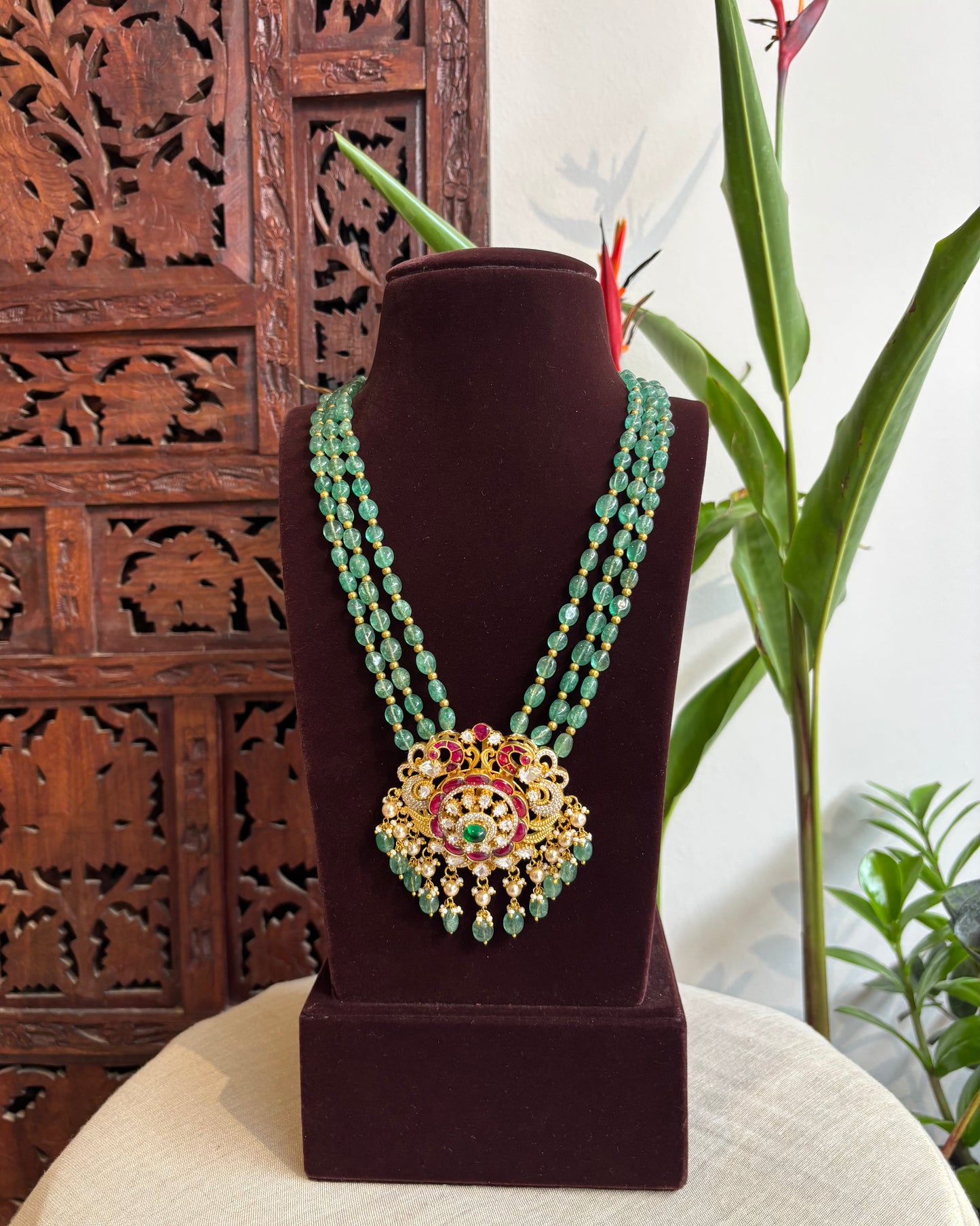 Jadau Kundan Beads Haram – Green Strawberry Beads Necklace Set | NC202