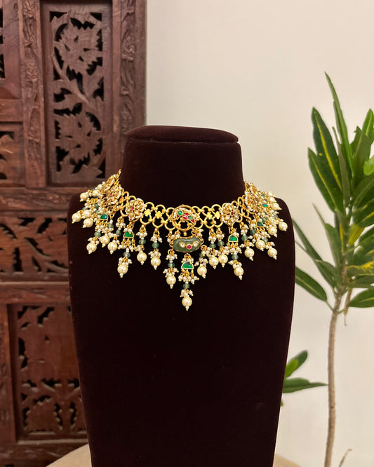 Contemporary Kundan Statement Necklace with Earrings | Gold Finish | NC631