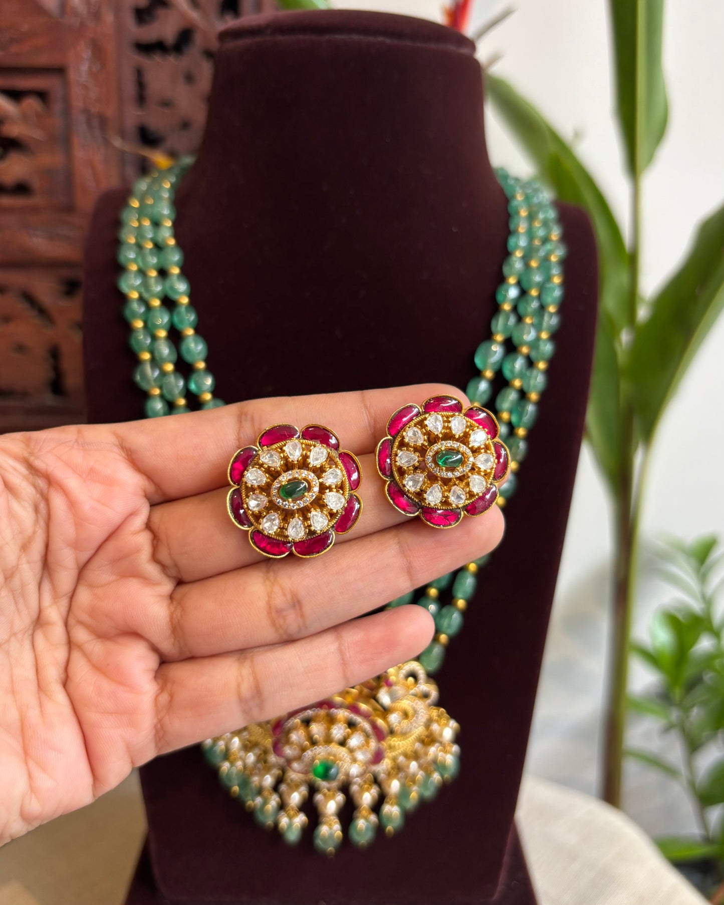 Jadau Kundan Beads Haram – Green Strawberry Beads Necklace Set | NC202