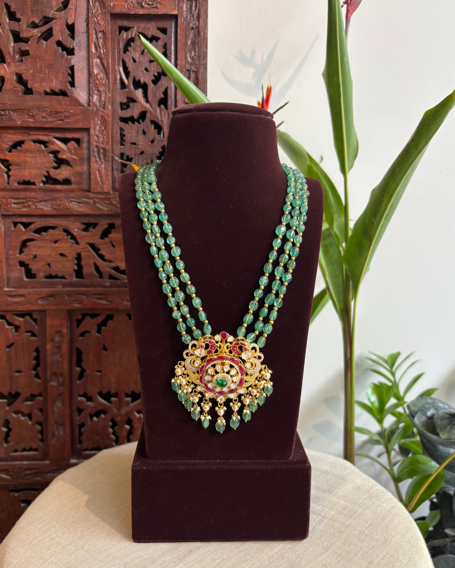 Jadau Kundan Beads Haram – Green Strawberry Beads Necklace Set | NC202