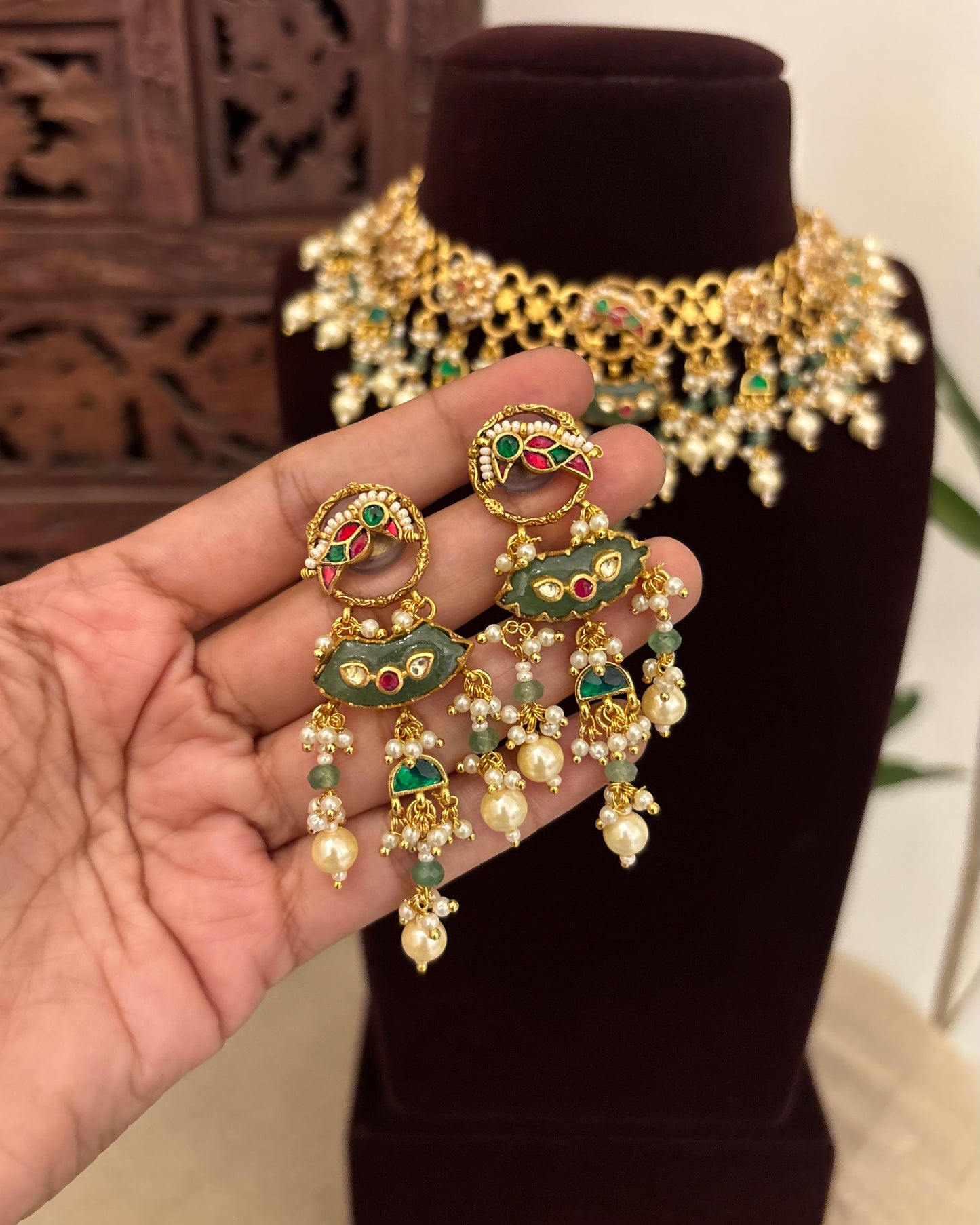 Contemporary Kundan Statement Necklace with Earrings | Gold Finish | NC631
