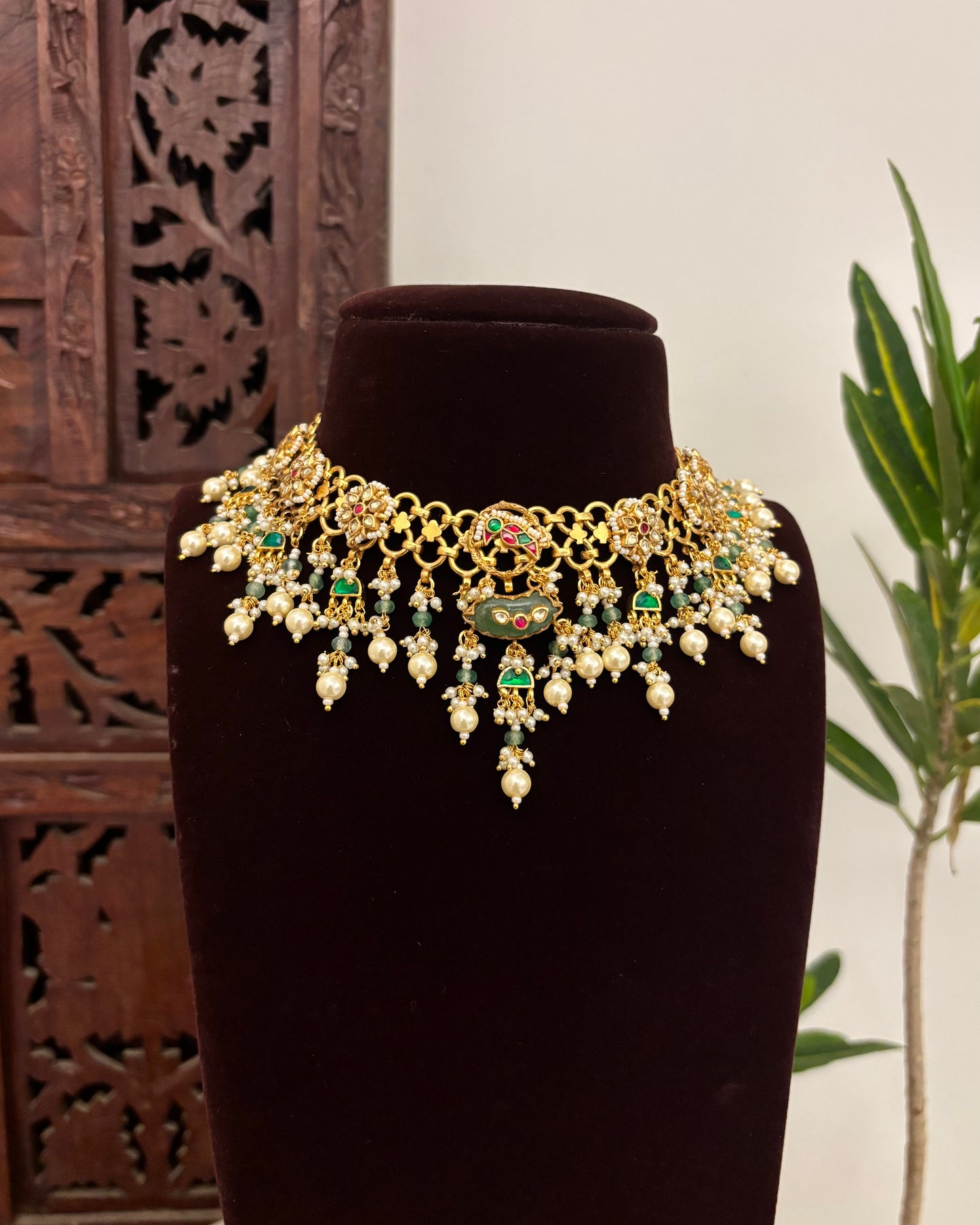Contemporary Kundan Statement Necklace with Earrings | Gold Finish | NC631