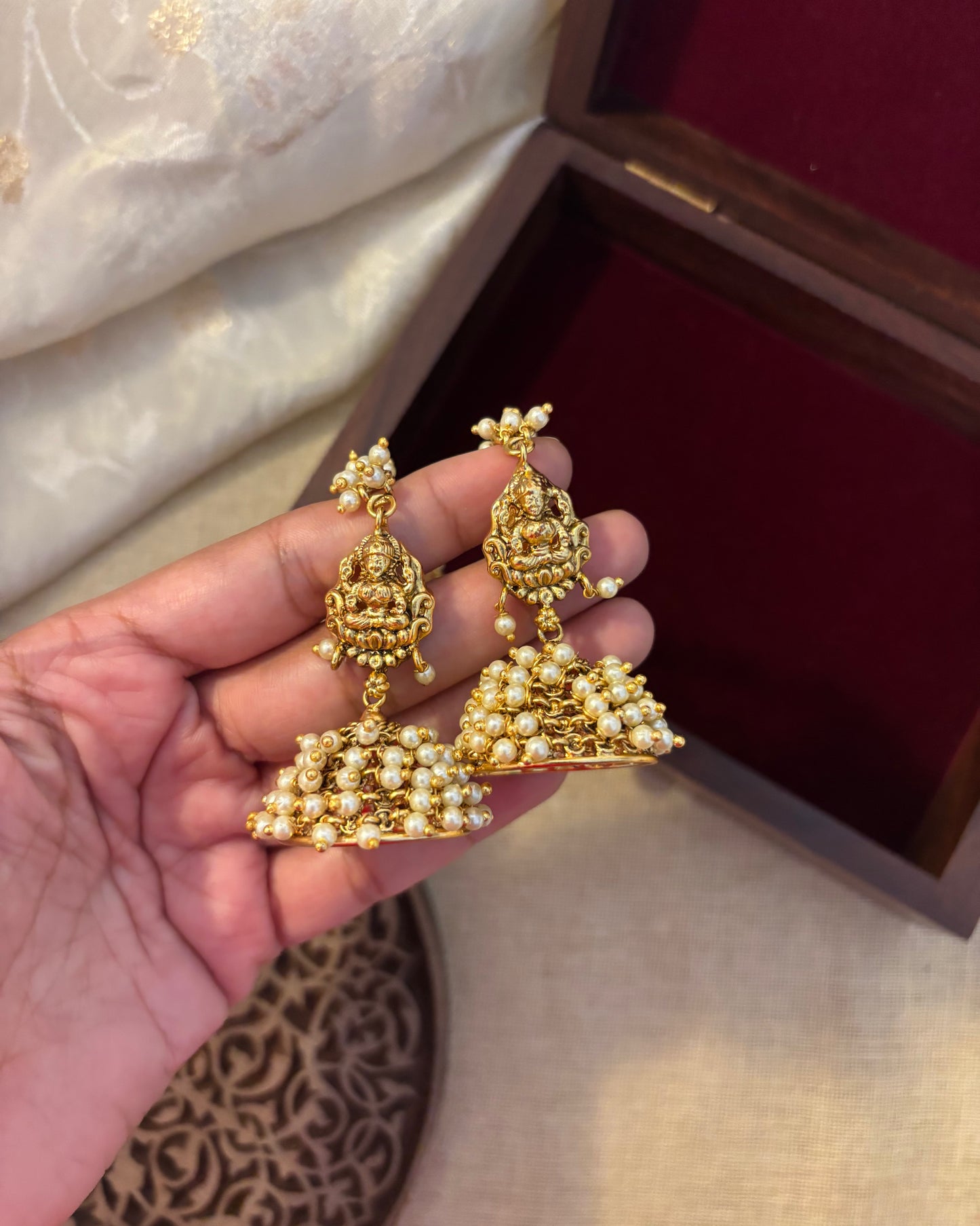 Pearl Antique Lakshmi Jhumkas with Attached Straight Mattal | ER109