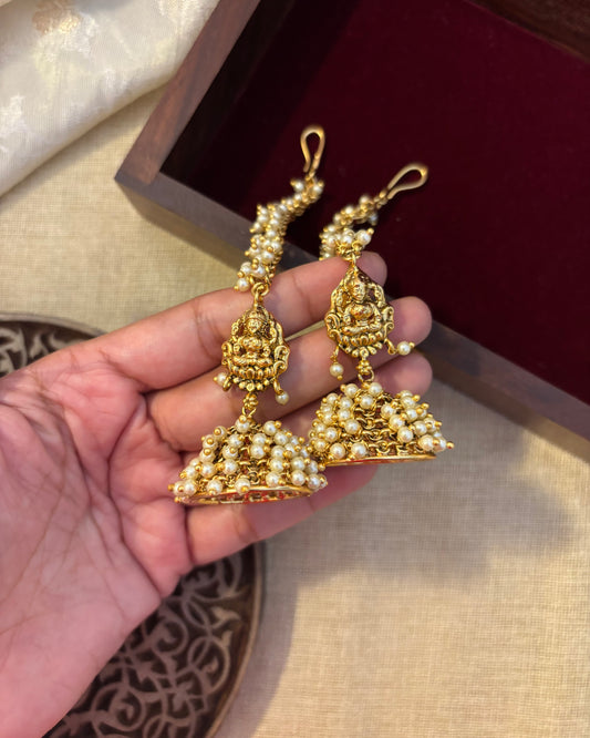 Pearl Antique Lakshmi Jhumkas with Attached Straight Mattal | ER109