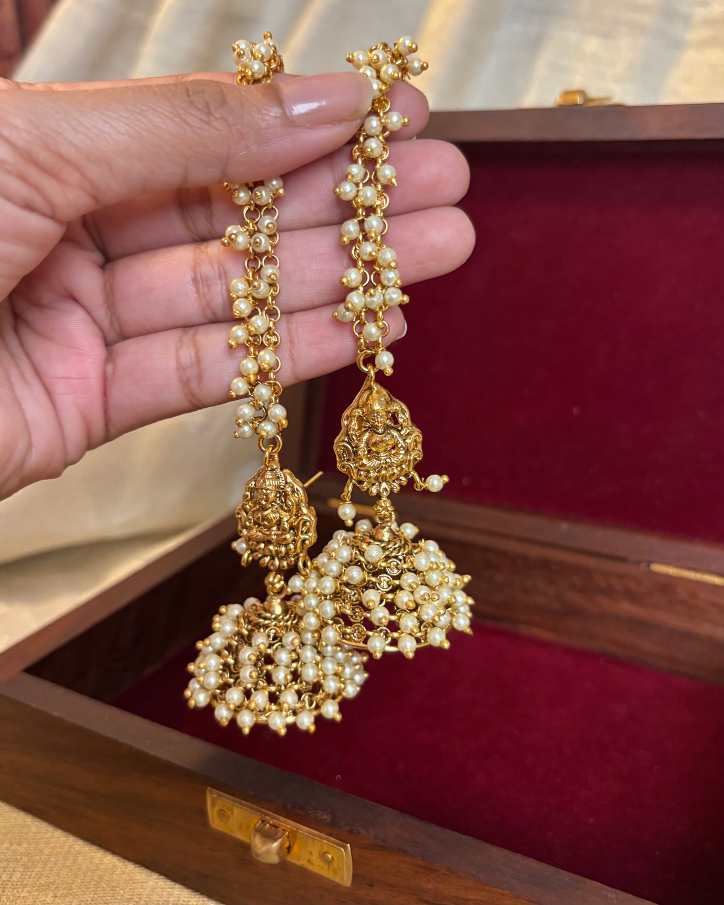 Pearl Antique Lakshmi Jhumkas with Attached Straight Mattal | ER109