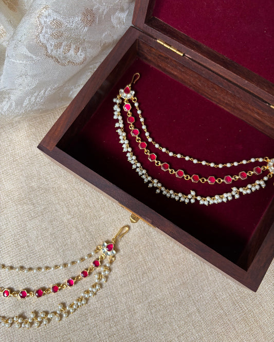 Minimal Jadau Kundan Three-Layer Pearl Ear Chain – Ruby & White | EC042