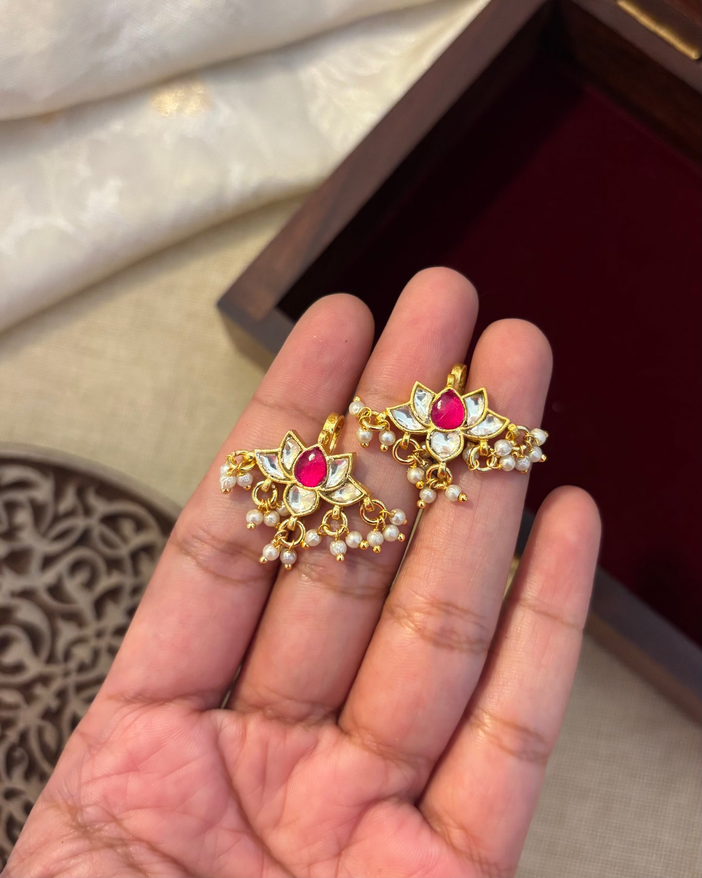 Pink and White Multicolor Lotus Bugadi – Jadau Kundan Ear Accessory | ER111